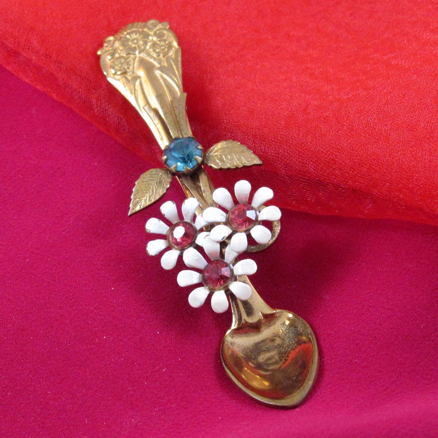 CORO Figural Spoon Rhinestone Brooch, Vintage Signed Pin