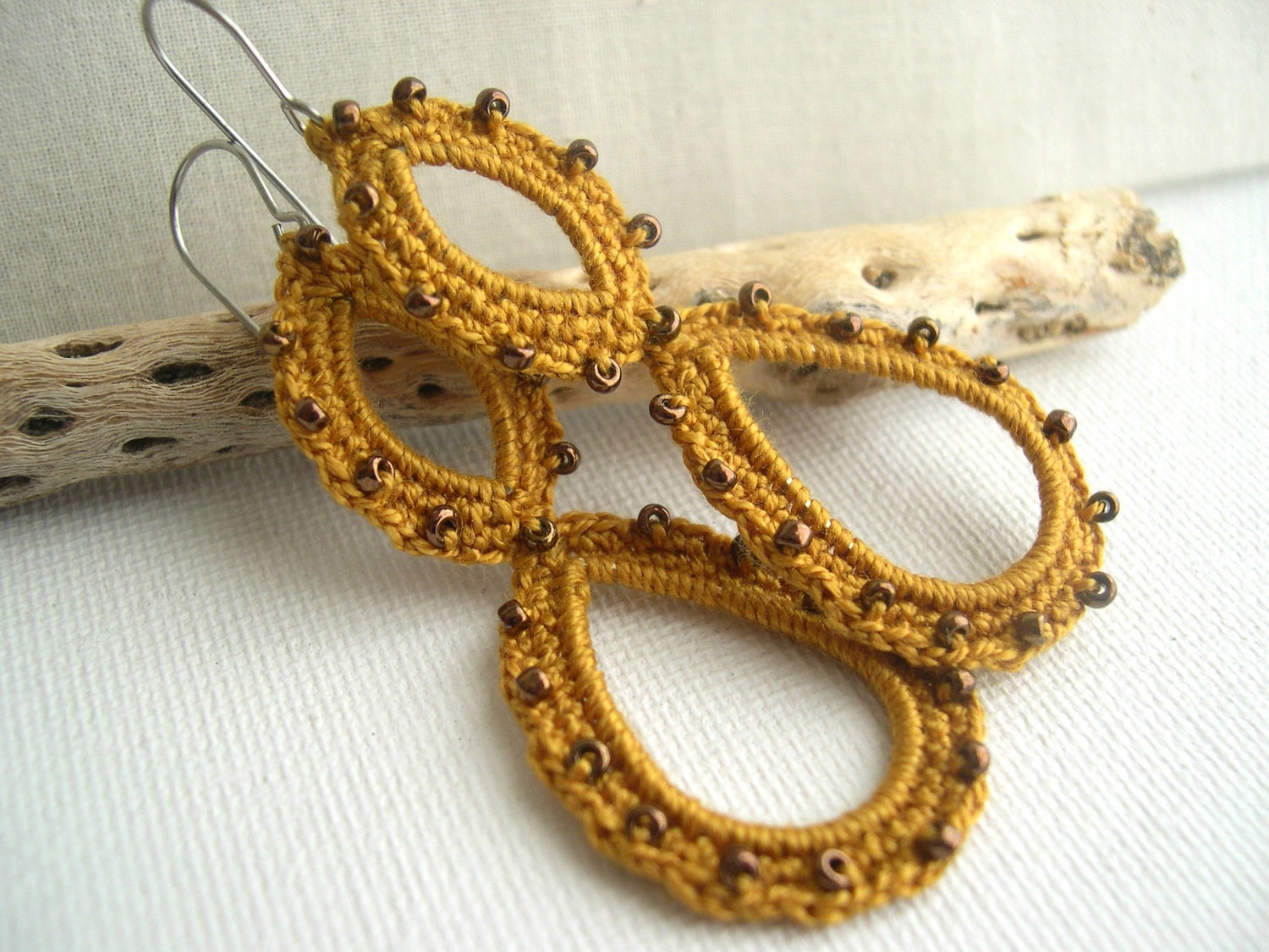 Mustard yellow long dangle earrings - Crochet Earrings - Summer Lace fashion earrings - Mustard Long Earrings - Boho Chic Earrings