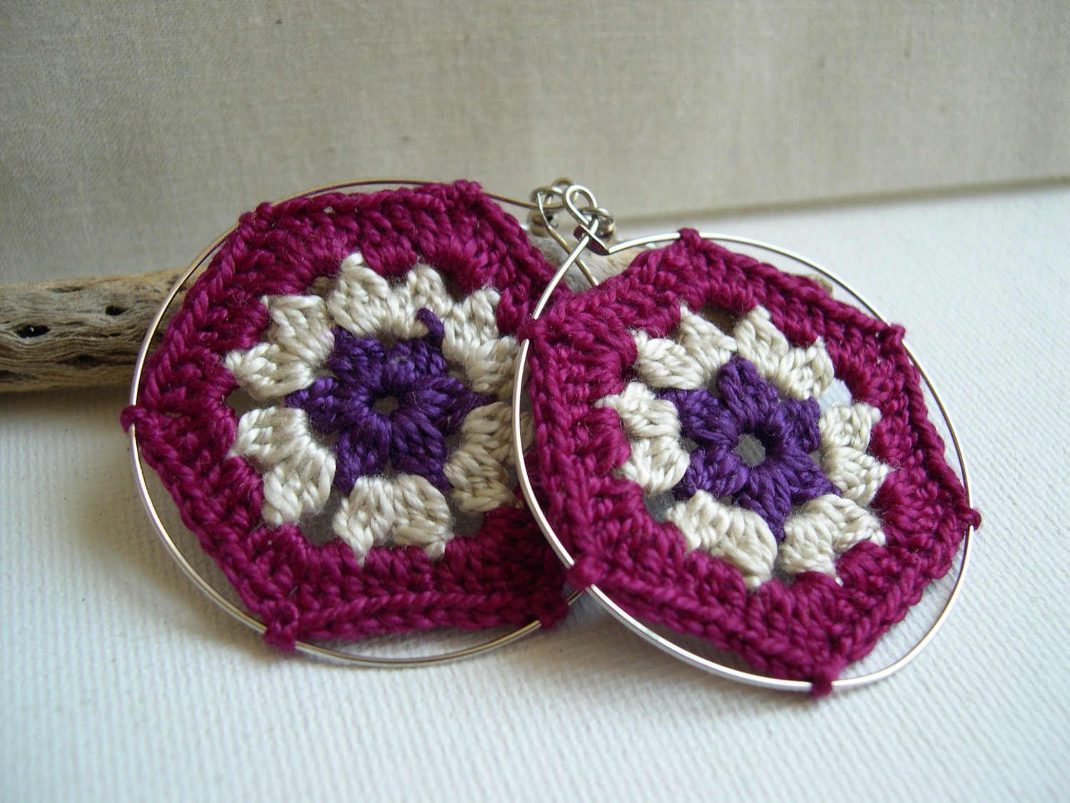 Retro Fashion Fuchsia Beige Purple Earrings - Crochet Earrings - Lace Earrings - Summer Collection 2013 - Girlfriend gift idea