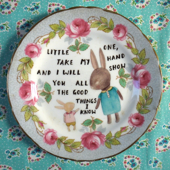 Take My Hand Little One, Mama and Baby Bunny Vintage Illustrated Plate