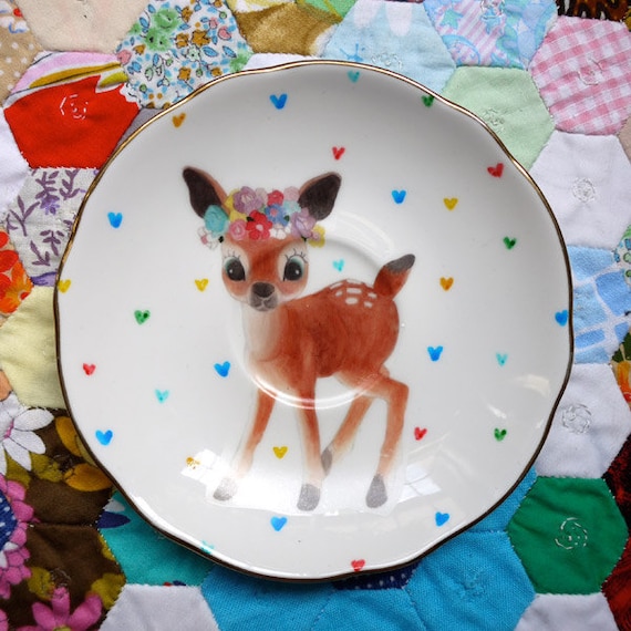 Flower Deer with Love Heart Dots Vintage Illustrated Plate