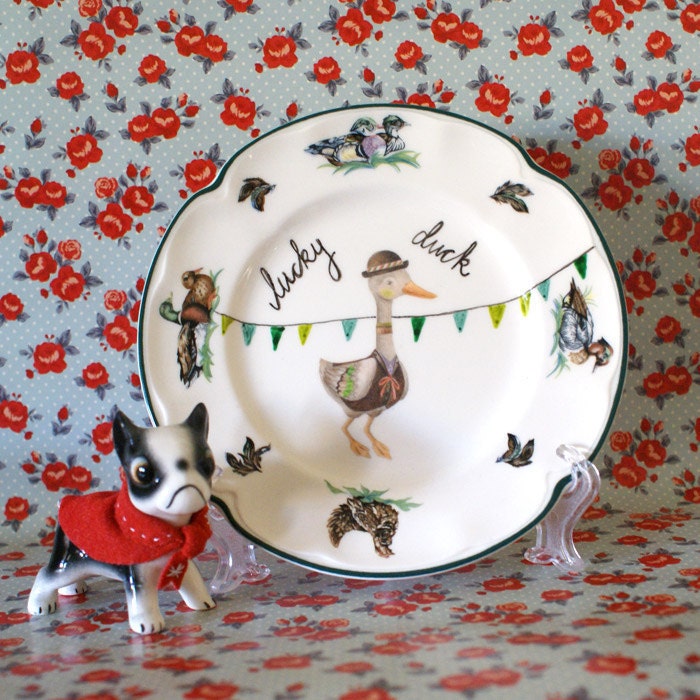 Lucky Duck With Bunting Vintage Illustrated Plate