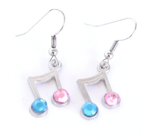 Silver Music Note Charm Earrings with Pink and Blue Rhinestones