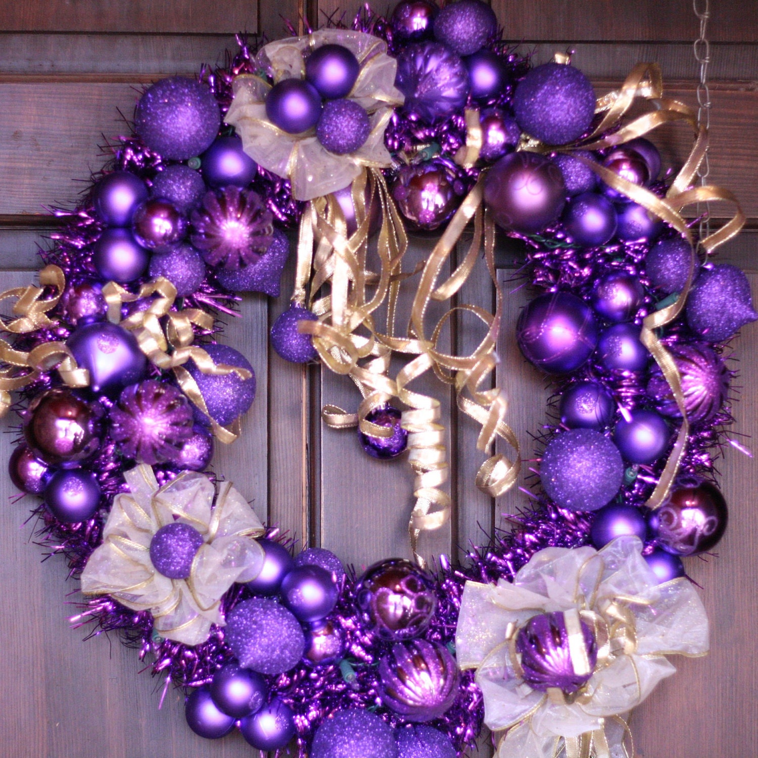 Purple and Gold Christmas Wreath with White Lights - Holiday Wreath - Handmade - Ready to Ship - USA FREE SHIPPING