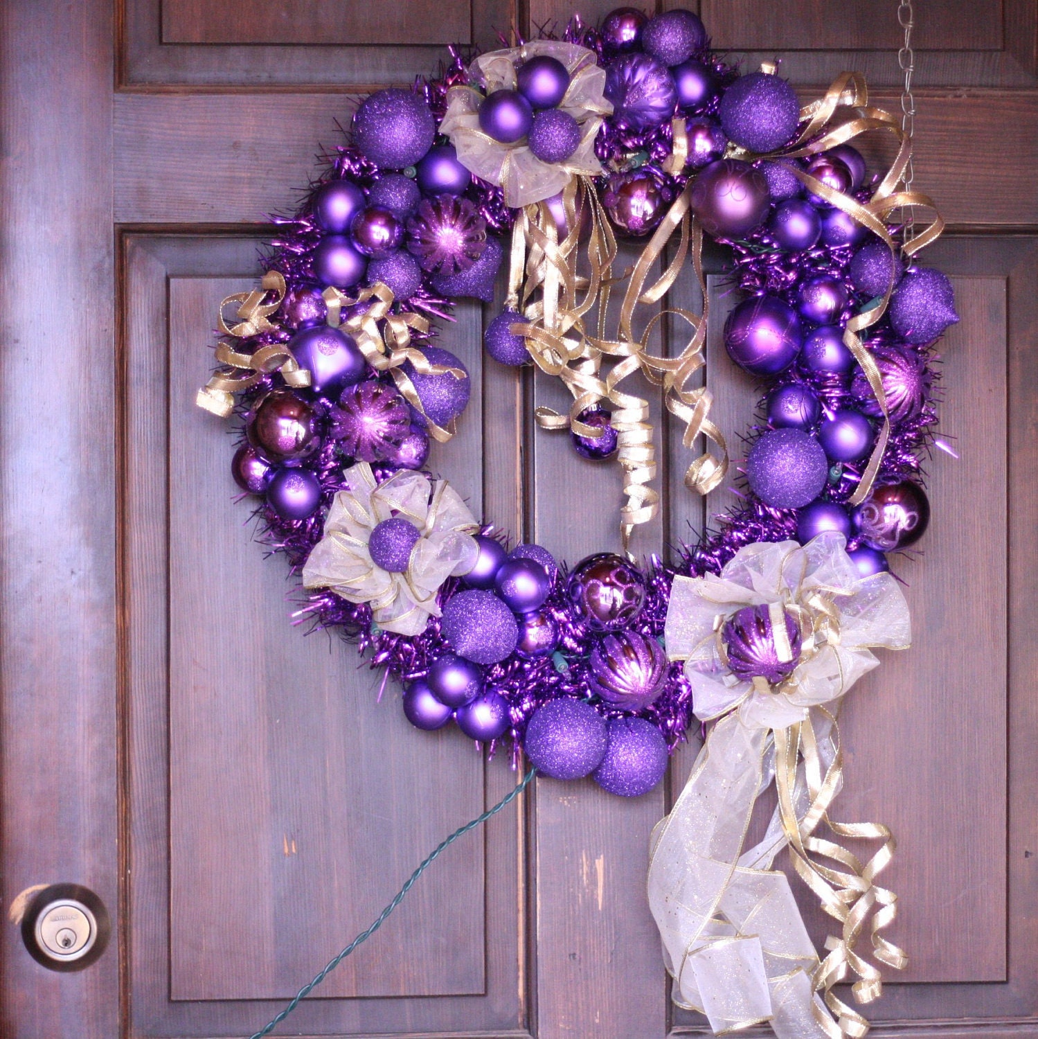 Purple and Gold Christmas Wreath with White Lights - Holiday Wreath - Handmade - Ready to Ship - USA FREE SHIPPING