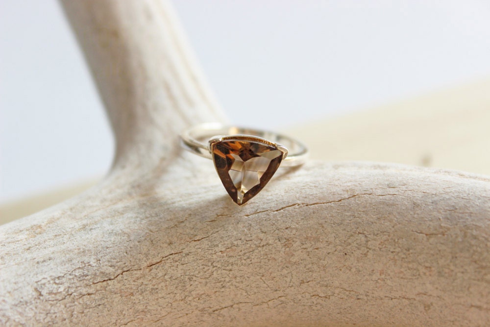 Large Trilliant Cut Smoky Quartz in Sterling Silver Ring - brilliant faceted triangle gemstone - size 7 - by Amore Valkyrie Fine Jewelry
