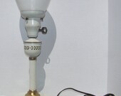 Vintage tole painted lamp, retro lighting, milk glass shade, 1960s home decor, white with gold trim