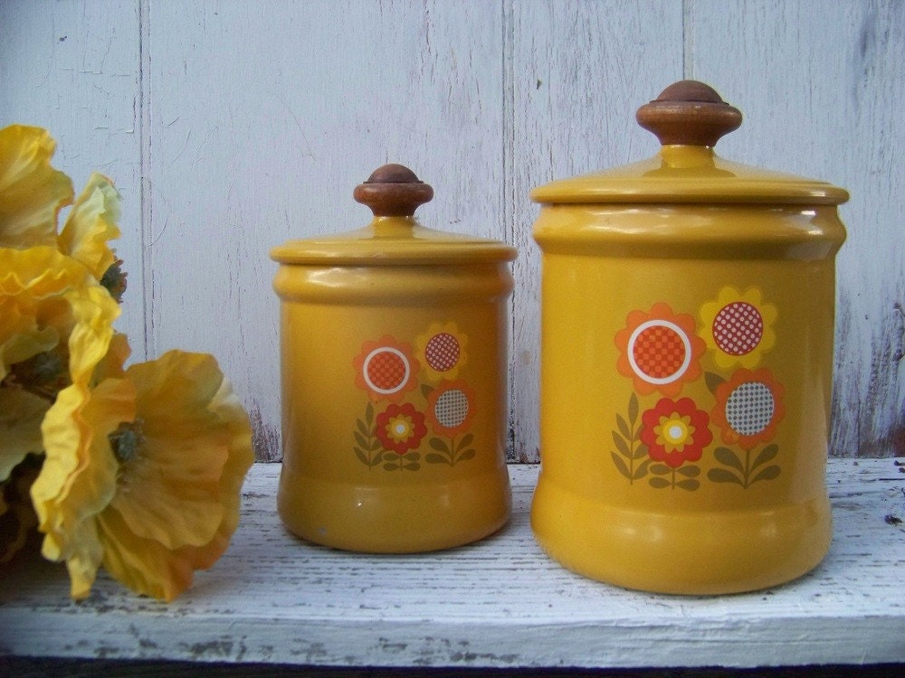 Retro 1970s harvest gold, flowered tin canister set made by Westbend, made in USA on Etsy