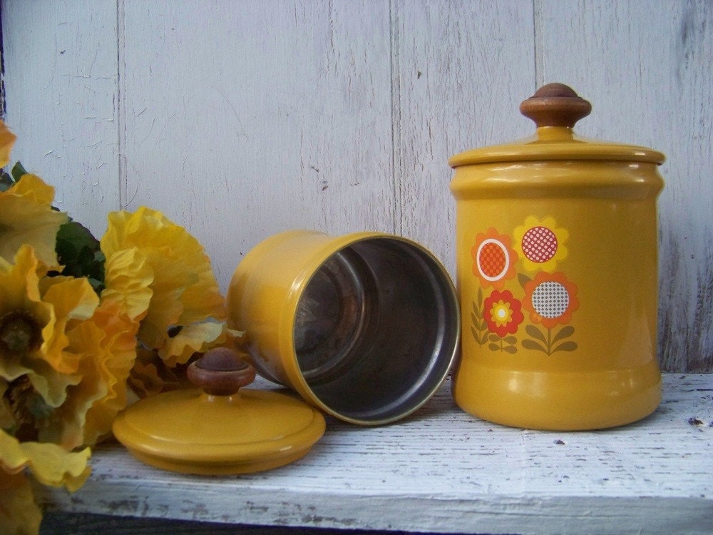 Retro 1970s harvest gold, flowered tin canister set made by Westbend, made in USA on Etsy