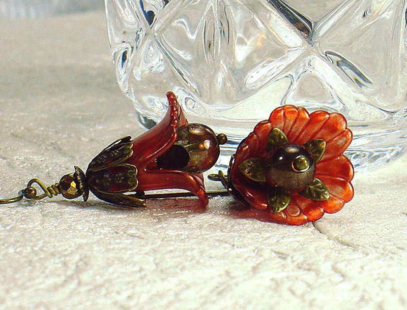 Vintage Style Hand Dyed Orange Lucite Lily & Brass Flower Earrings