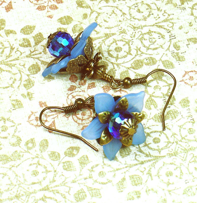 Amsterdam, Vintage Floral Inspired Earrings, Blue Lucite & Crystal