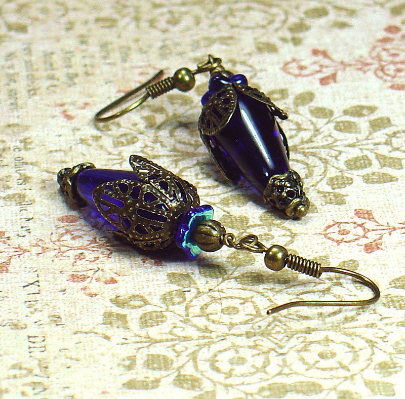Tirana, Vintage Floral Inspired Earrings with Royal Blue Czech Glass and Brass Filigree