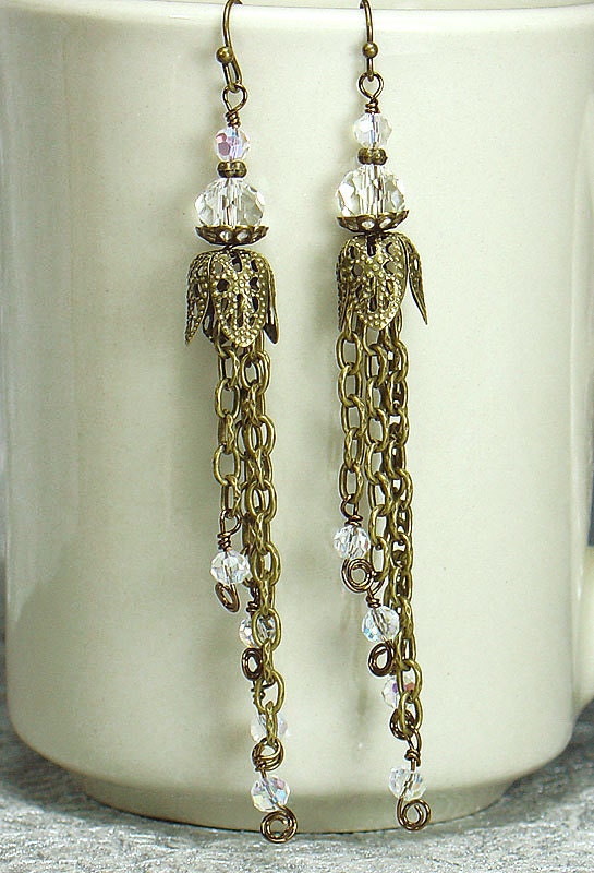 Brass Filigree Chain and Crystal Tassel Earrings