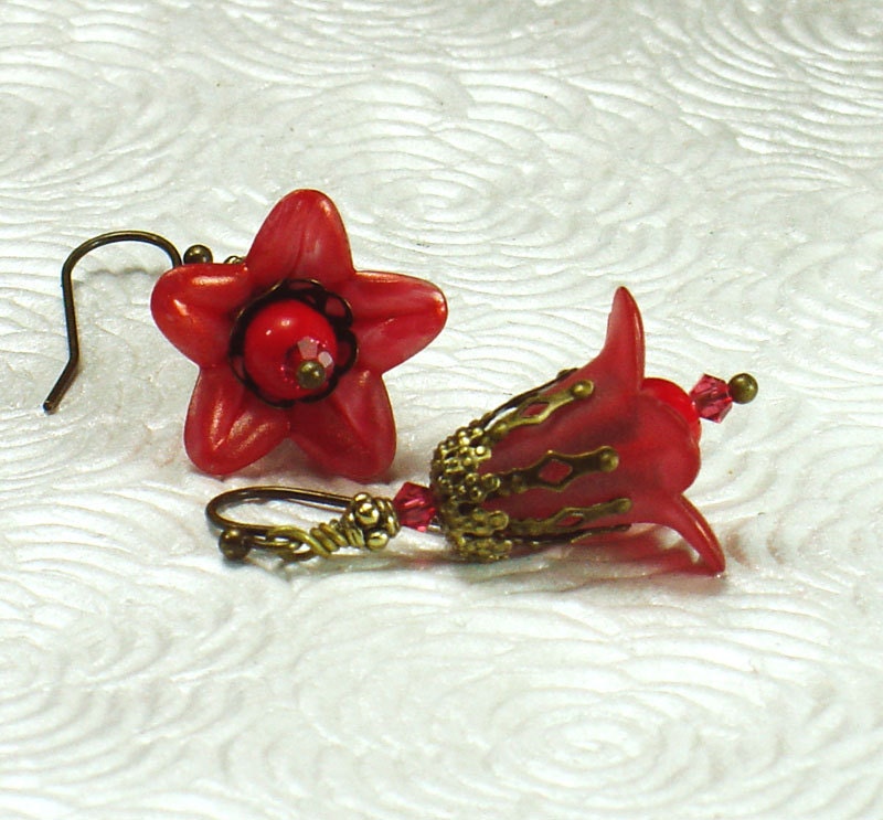 Tomato Orange Hand Dyed Lucite Flower Earrings, Vintage Style, Antiqued Brass, Swarovski Crystals, Czech Glass