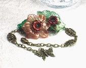 Orange Flower with Green Leaves Hand Dyed Lucite & Brass Bracelet
