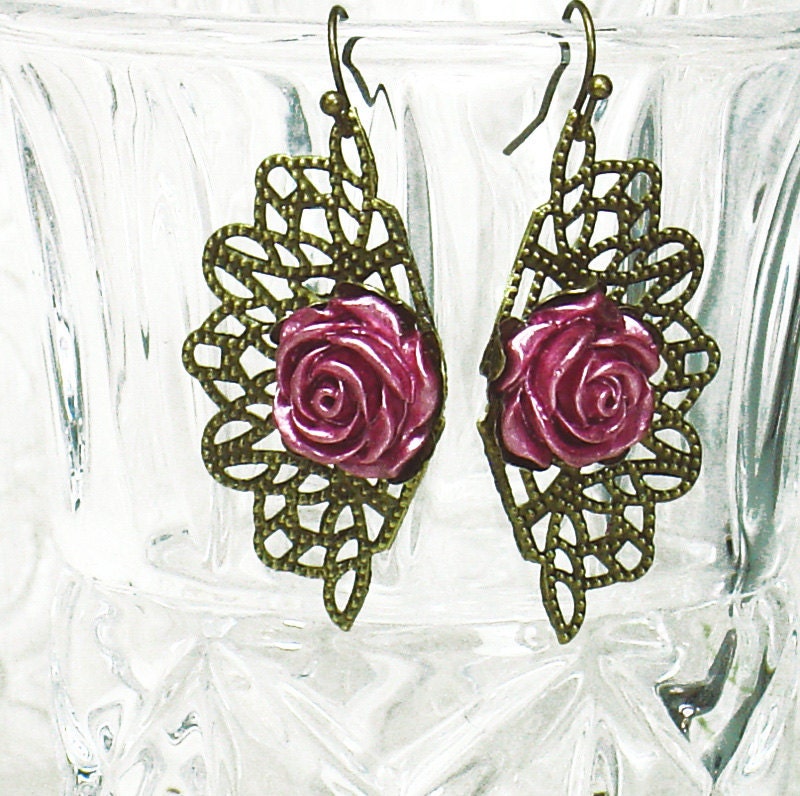 Pink Hand Dyed Resin Rose & Antiqued Brass Filigree Vintage Style Earrings