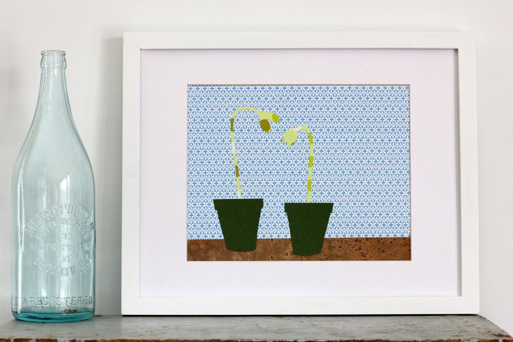 Seedlings Collage, Spring Plant Collage, Garden, Plants, Seedlings in Pots on the Counter Collage in Paper and Cork