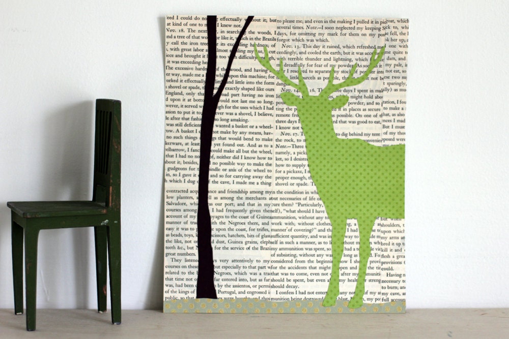 Deer Art, Deer in the Forest Collage, Woodland Wall Art With Green Stag and Tree, Deer With Antlers over Vintage Book Page Background, 8x10 - FiddleheadsForFiona