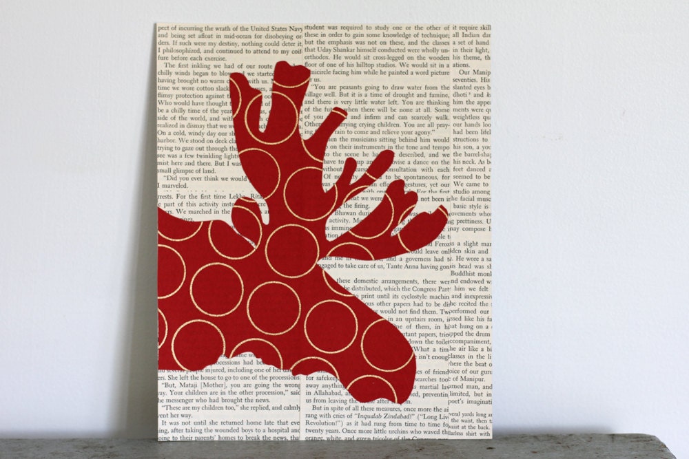 Moose Art, Moose Decor, Moose Head Silhouette, Antler Decor, Animal Silhouette, Red Moose Head Collage on Vintage Text