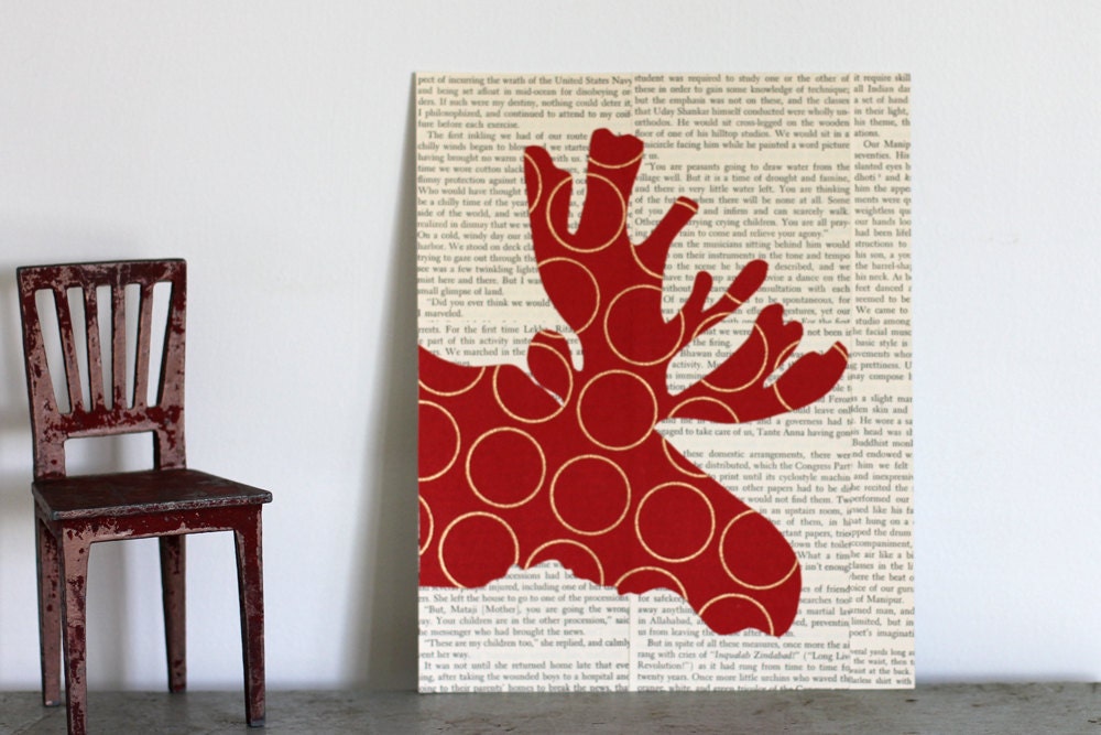 Moose Art, Moose Decor, Moose Head Silhouette, Antler Decor, Animal Silhouette, Red Moose Head Collage on Vintage Text
