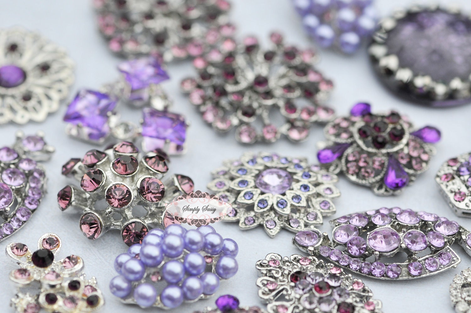 10pc Lavender Purple Assorted Rhinestone Flat back Embellishments DIY Brooches Crystal Buttons Wedding Bouquet Favors Invitations Bling