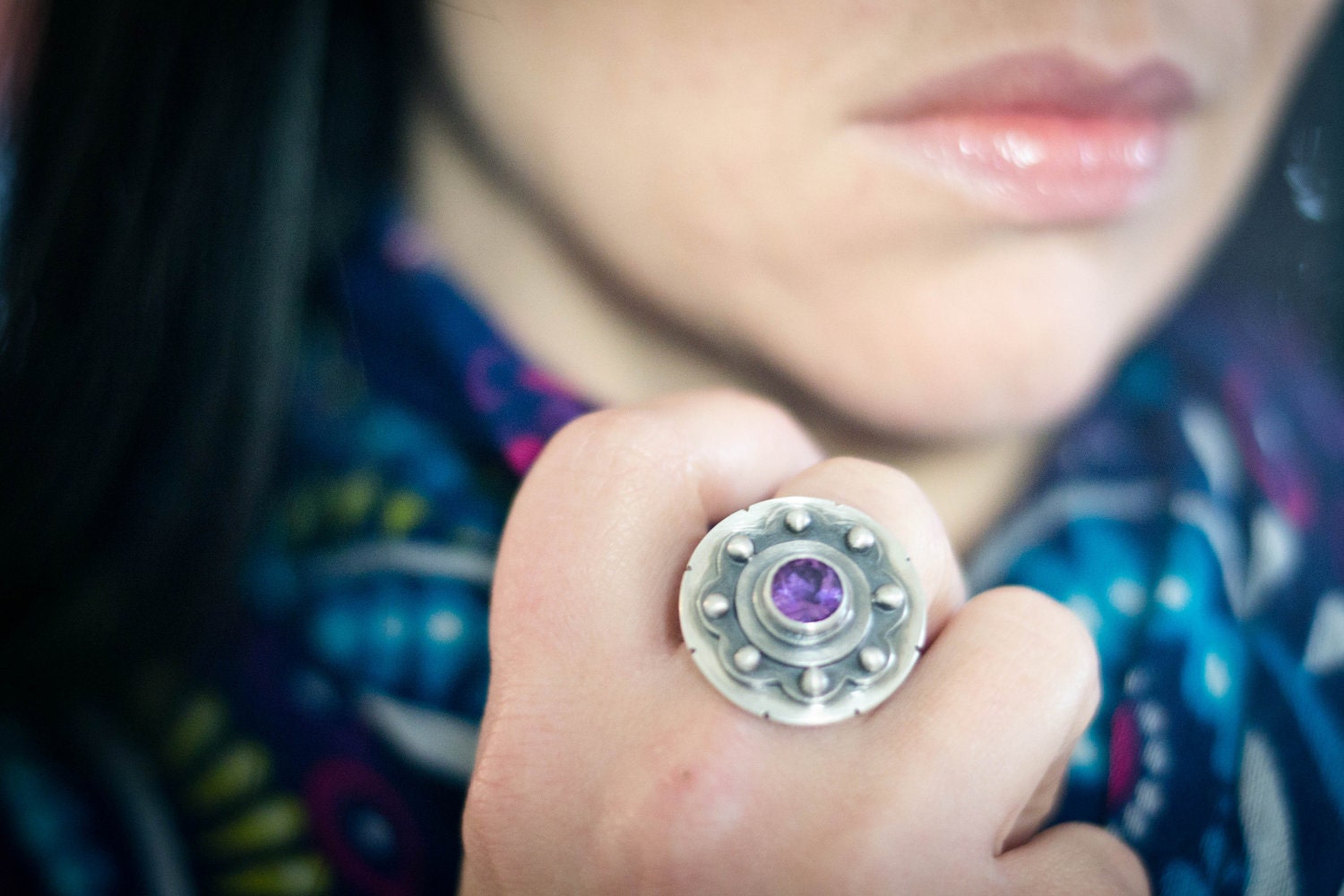 Amethyst Cocktail Ring, Sterling silver, faceted, Cog in the Machine Statement ring, February birthstone