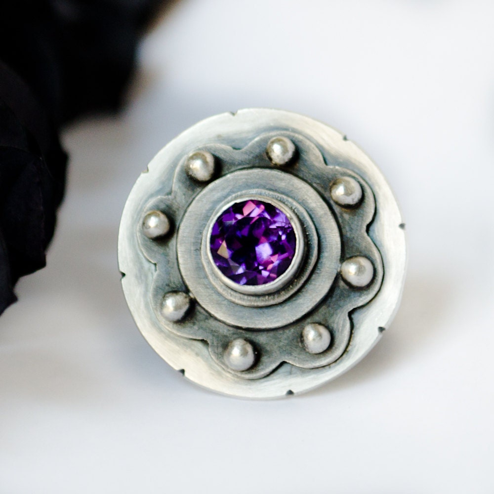 Amethyst Cocktail Ring, Sterling silver, faceted, Cog in the Machine Statement ring, February birthstone