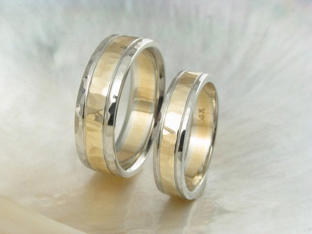 unique hammered wedding ring set -- 14k gold duo tone / two tone wedding bands