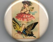 Little Fairy Riding a Butterfly 1.25 inch Pinback Button Vintage Illustration