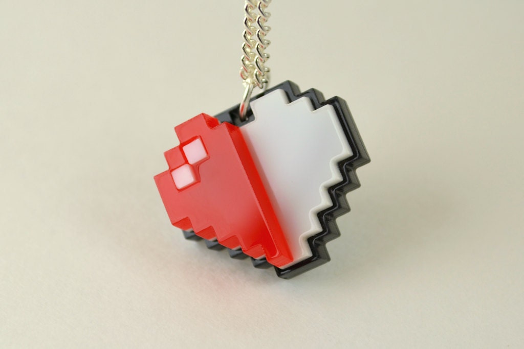 Half Pixel Heart Necklace - Laser Cut Acrylic  - Legend of Zelda Health Heart Necklace