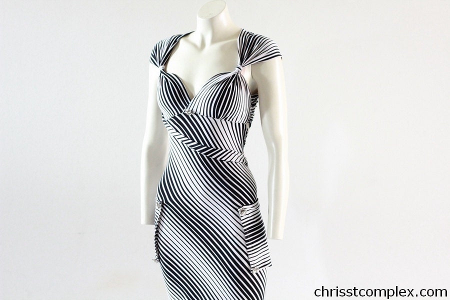 Dress Body Con Pencil Dress Knee Length Printed Figure Flattering Striped Navy Spring Fashion Kawaii  - Chrisst SPECIAL ETSY PRICE