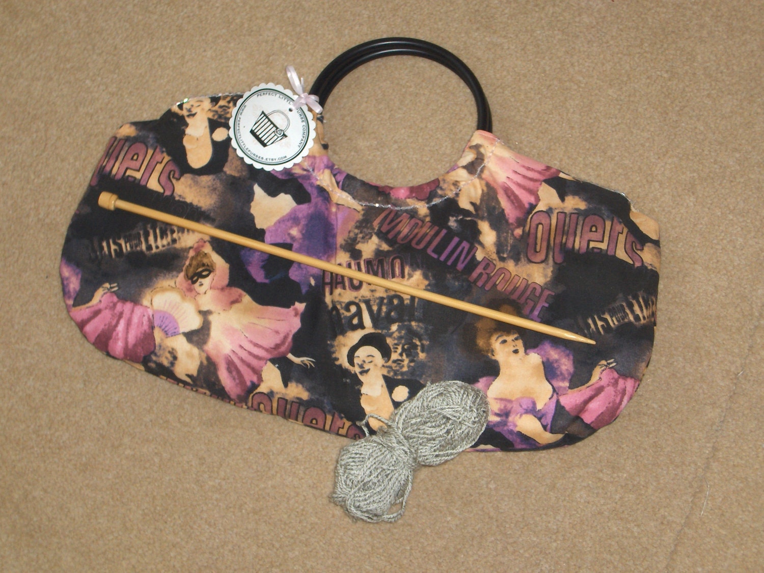 Knitting bag, purple, round handles, handbag