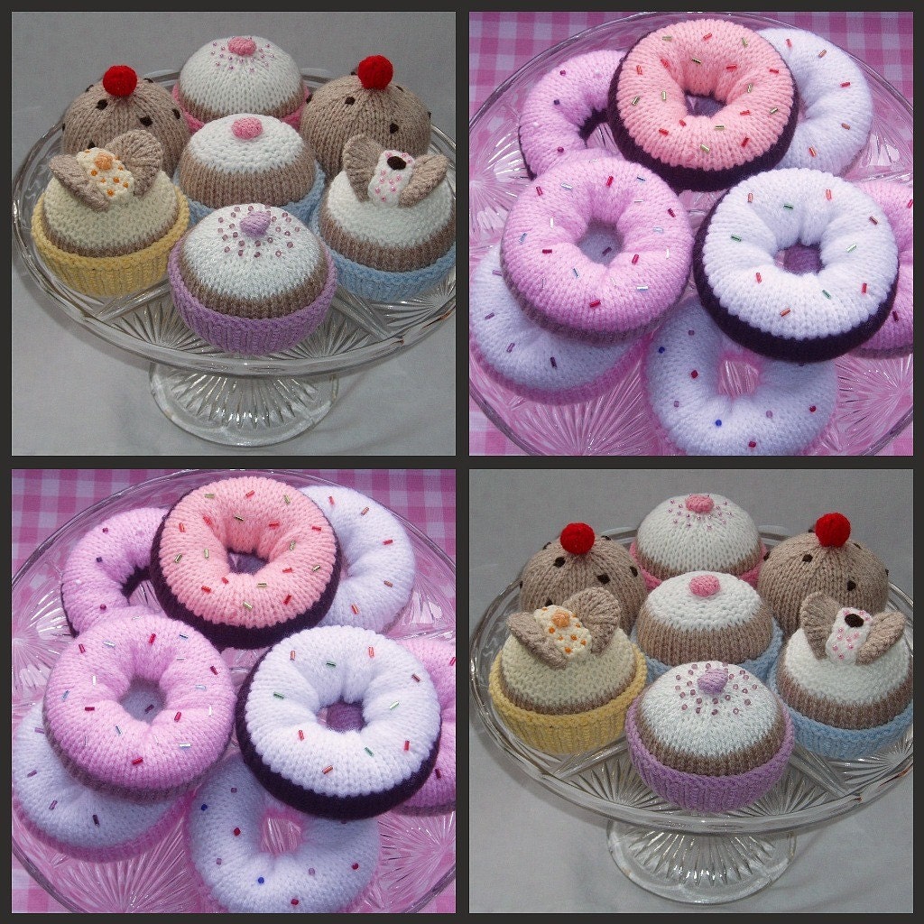 My two most popular knitting patterns - instant pdf download - donuts, cakes and buns just 4 US dollars