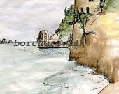 Torre di Clavel, Amalfi Coast, Positano, Italy - ink & watercolor, 8" x 10" including mat
