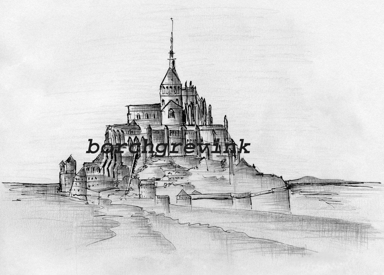 Mont-Saint-Michel and its Bay, France - ink & pencil sketch, 8" x 10" including mat