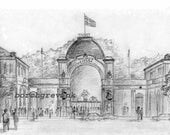 Tivoli Gardens, Copenhagen, Denmark - pencil sketch, 11" x 14" matted