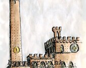 Palazzo Pubblico (town hall) and the Torre Del Mangia (Mangia Tower) on the Piazza del Campo, Siena, Tuscany, Italy - watercolor, 8" x 10"