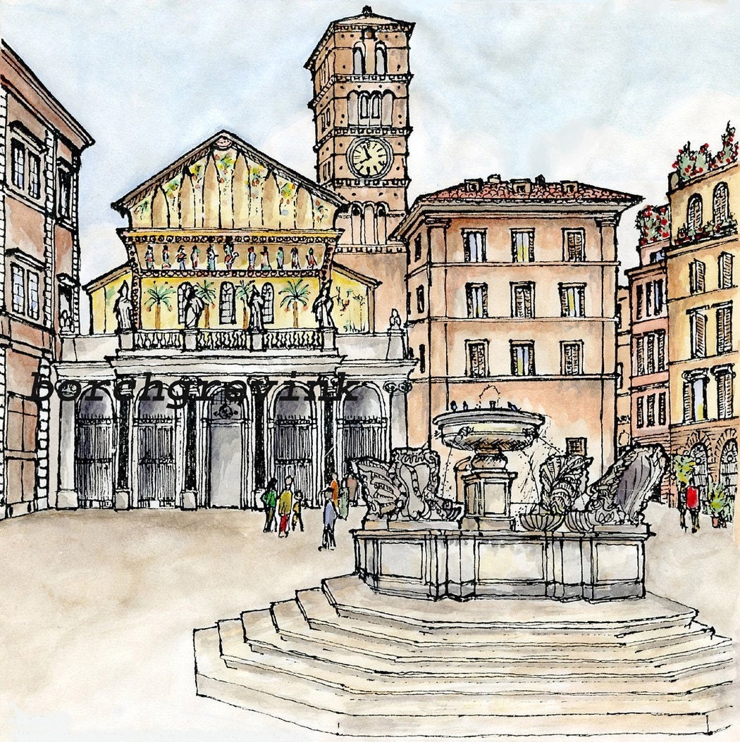 Trastevere, Rome - Piazza Santa Maria in Trastevere - Ink & watercolor print, 12" x 12" including mat