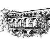 Pont du Gard aqueduct, Vers-Pont-du-Gard, France - ink sketch, 8" x 10" matted