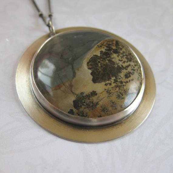 Round Scenic Picture Painting Jasper Sterling Silver Pendant Necklace, Reversible
