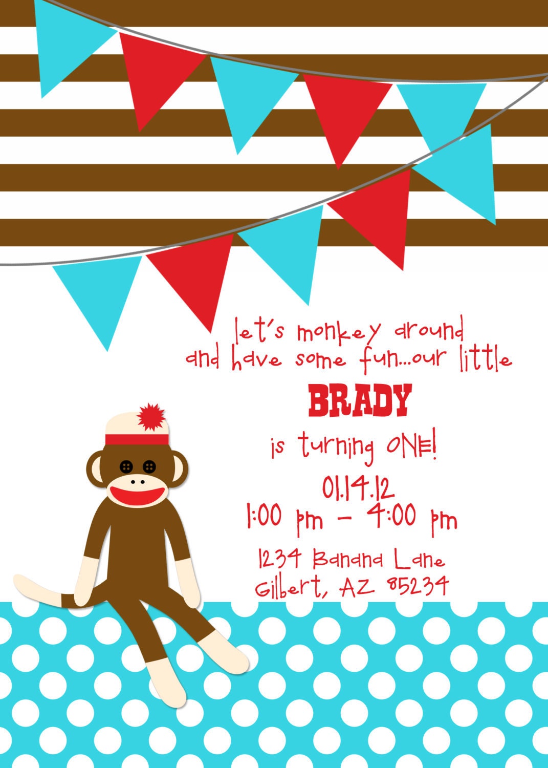 Printable Party Vintage Sock Monkey Invitation Birthday Party or Baby Shower Invite Boy - Petite Party Studio Il_170x135