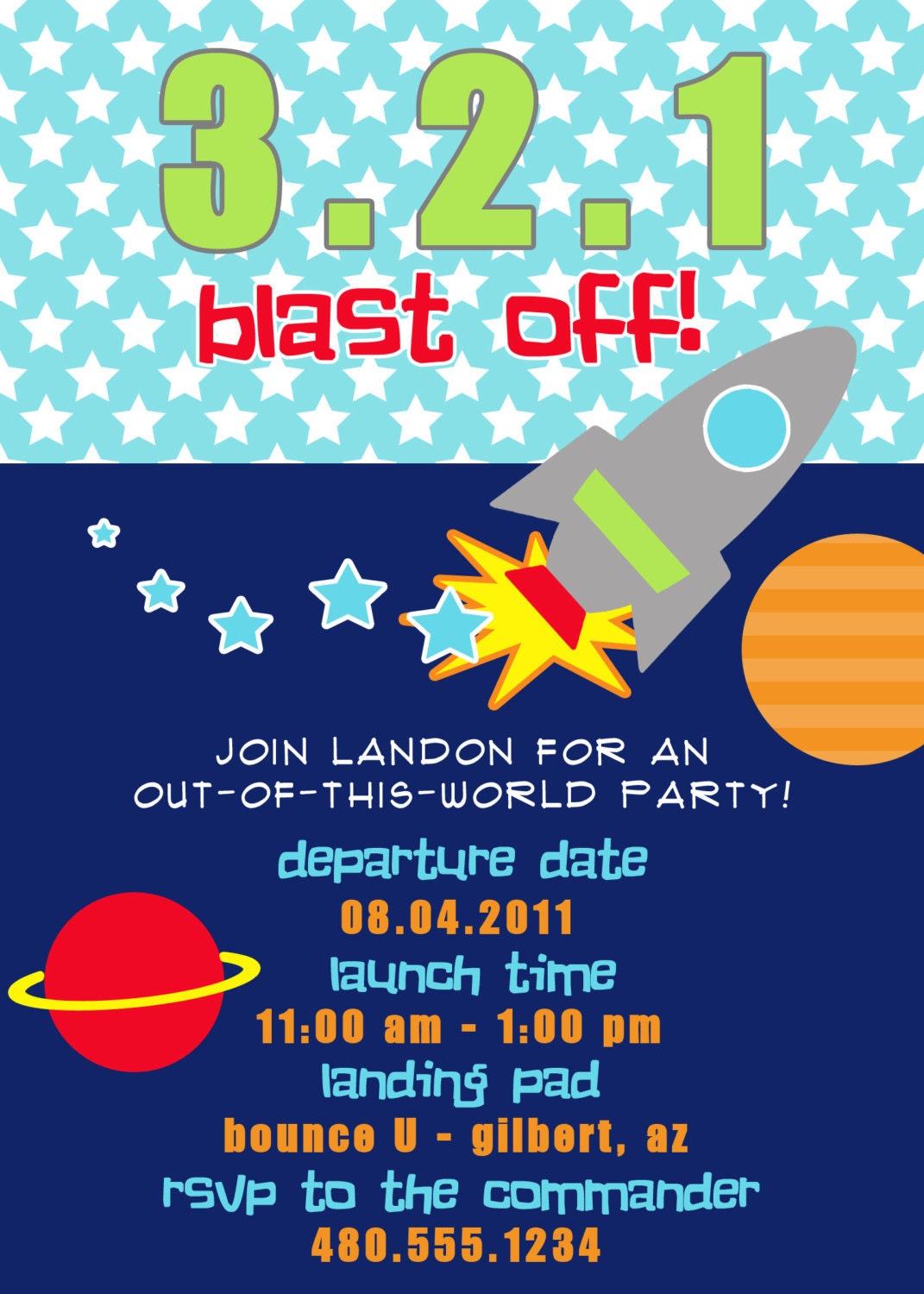 SPACE ROCKETSHIP Printable Birthday Party Invitation - Fresh Chick Design Studio Il_570xn