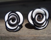 Large Black and White Clay Rose Earrings-  Statement Pin-Up Earrings by Petal Cove