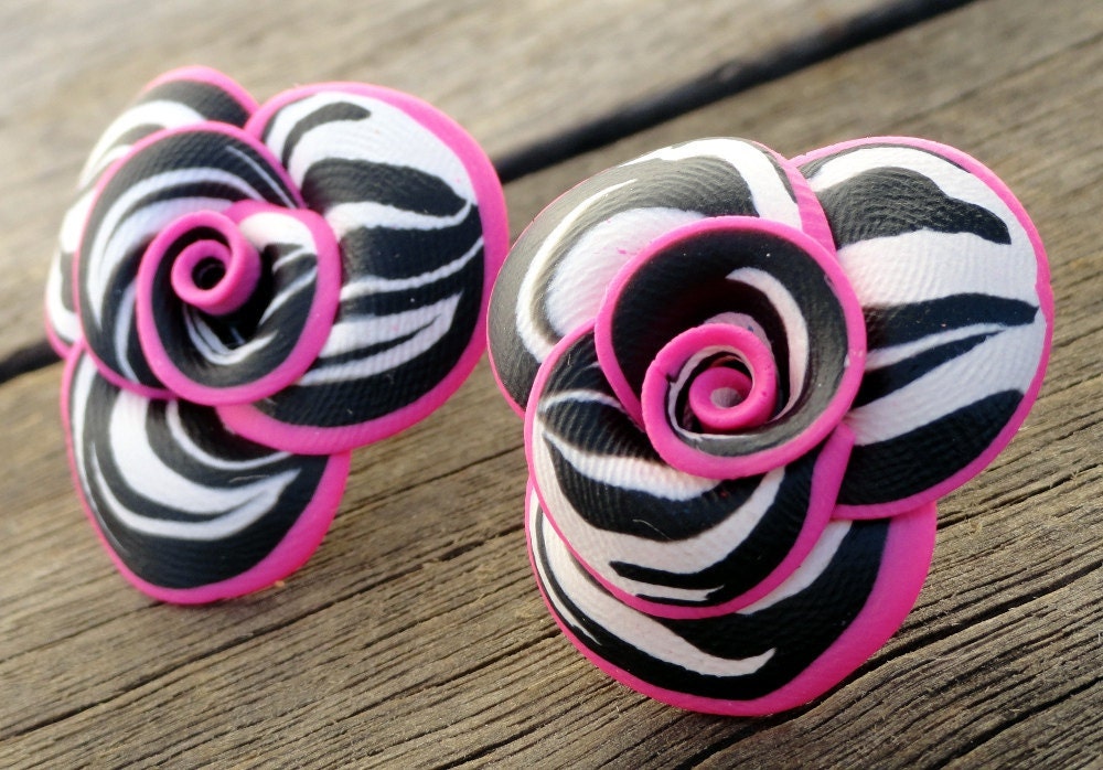 Hot Pink Zebra Print Rose Statement Post Earrings for Sensitive Ears by Petal Cove