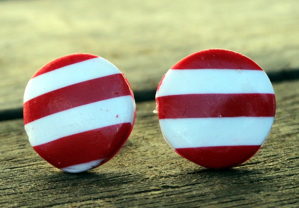 Red and White Stripes Geometric Earrings  by Petal Cove