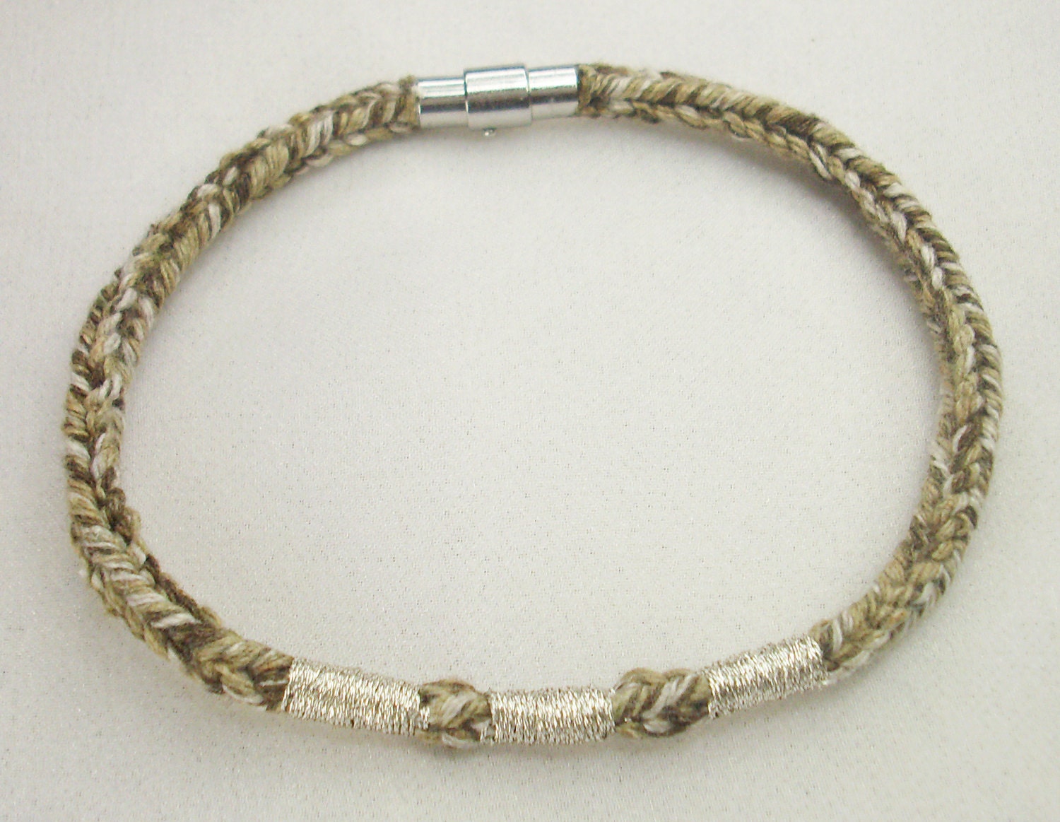 Taupe Recycled Cotton Silver Embroidered Magnetic Closure Vrlika Bracelet