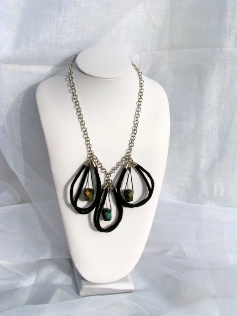 Labradorite Black Wool Hand Corded Necklace "Mod"