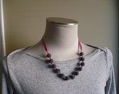 Grey and Pink Beaded Satin Ribbon Knotted Necklace