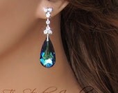 Peacock Blue Chandelier Bridal Bridesmaid Earrings Crystal Teardrop Silver Rhinestone- MARISSA Earings
