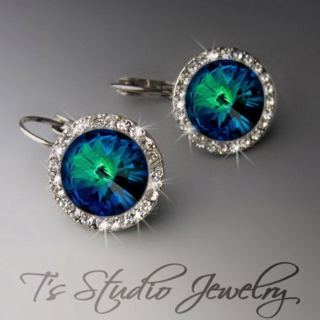 Peacock Blue Bridesmaid Wedding Earrings Crystal Rhinestone - SONIA